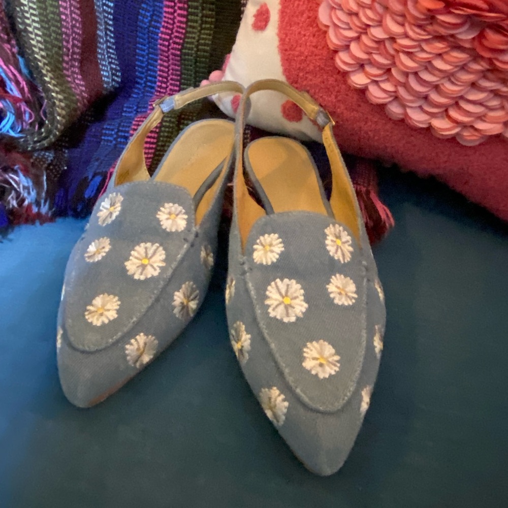 Talbot’s sling-backed denim flats with embroidered daisies.